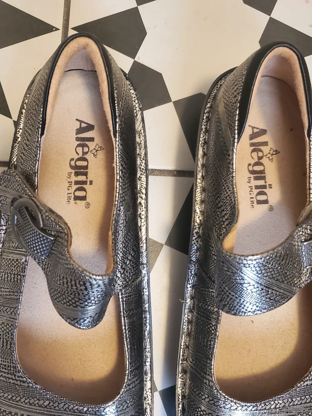 Alegria Metallic Silver Patterned Mary Jane Loafer Size 38 /8 Worn once Like New